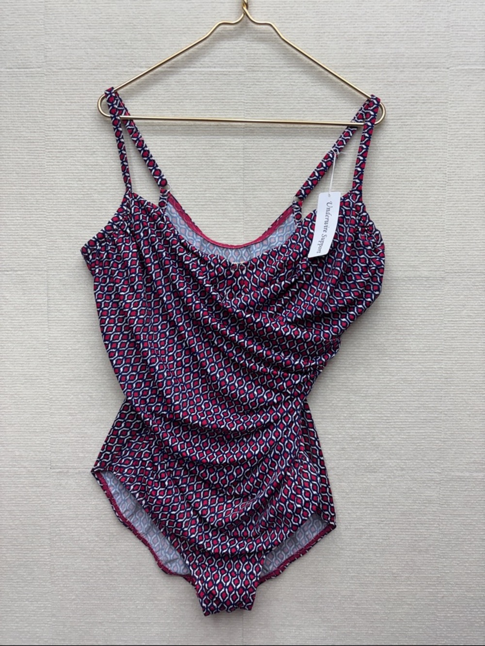New MIRACLESUIT | Ruched Geometric One-Piece Swimsuit in Navy & red 20W